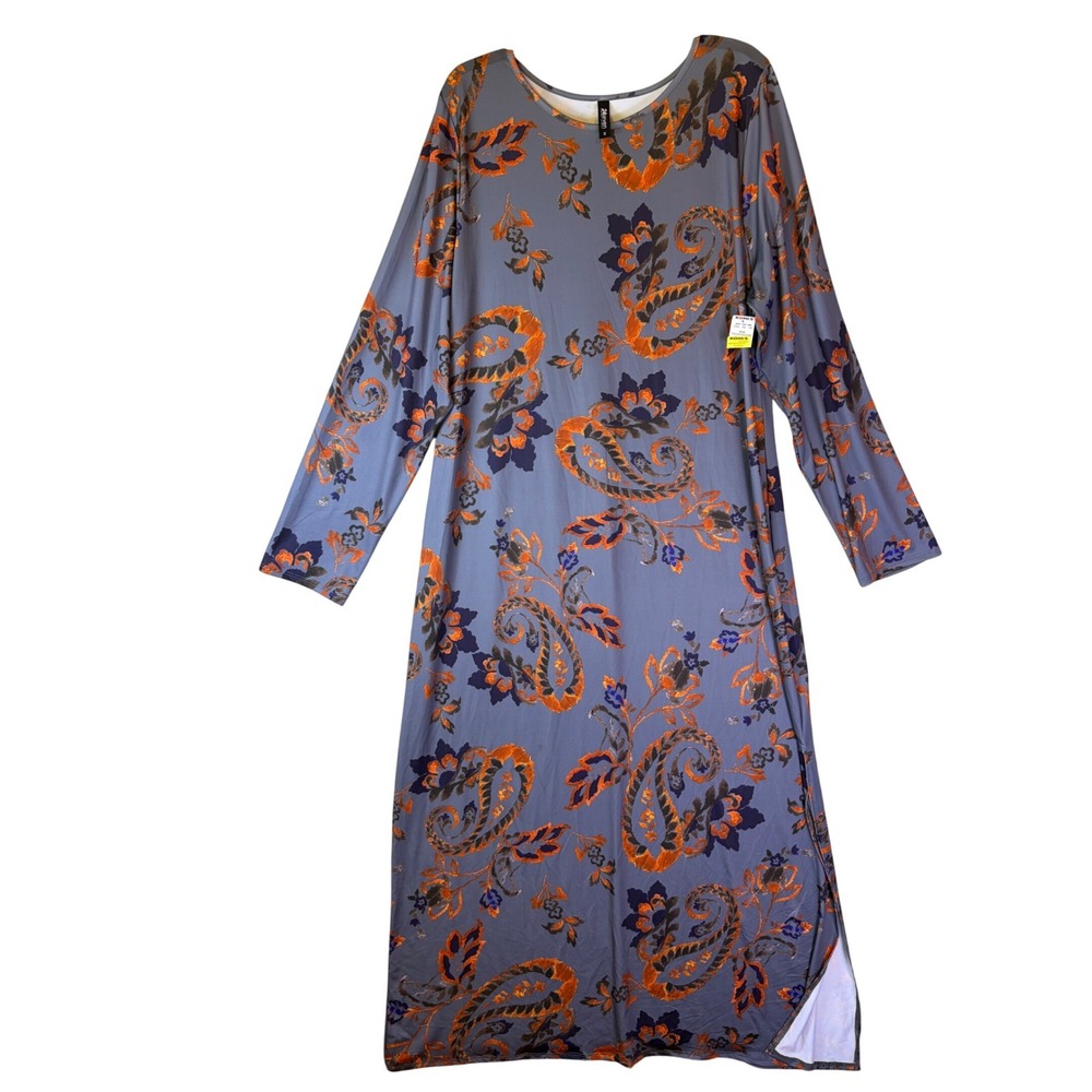 24seven Comfort Apparel Maxi Dress Women 3X Gray Orange Paisley Floral NWOT READ